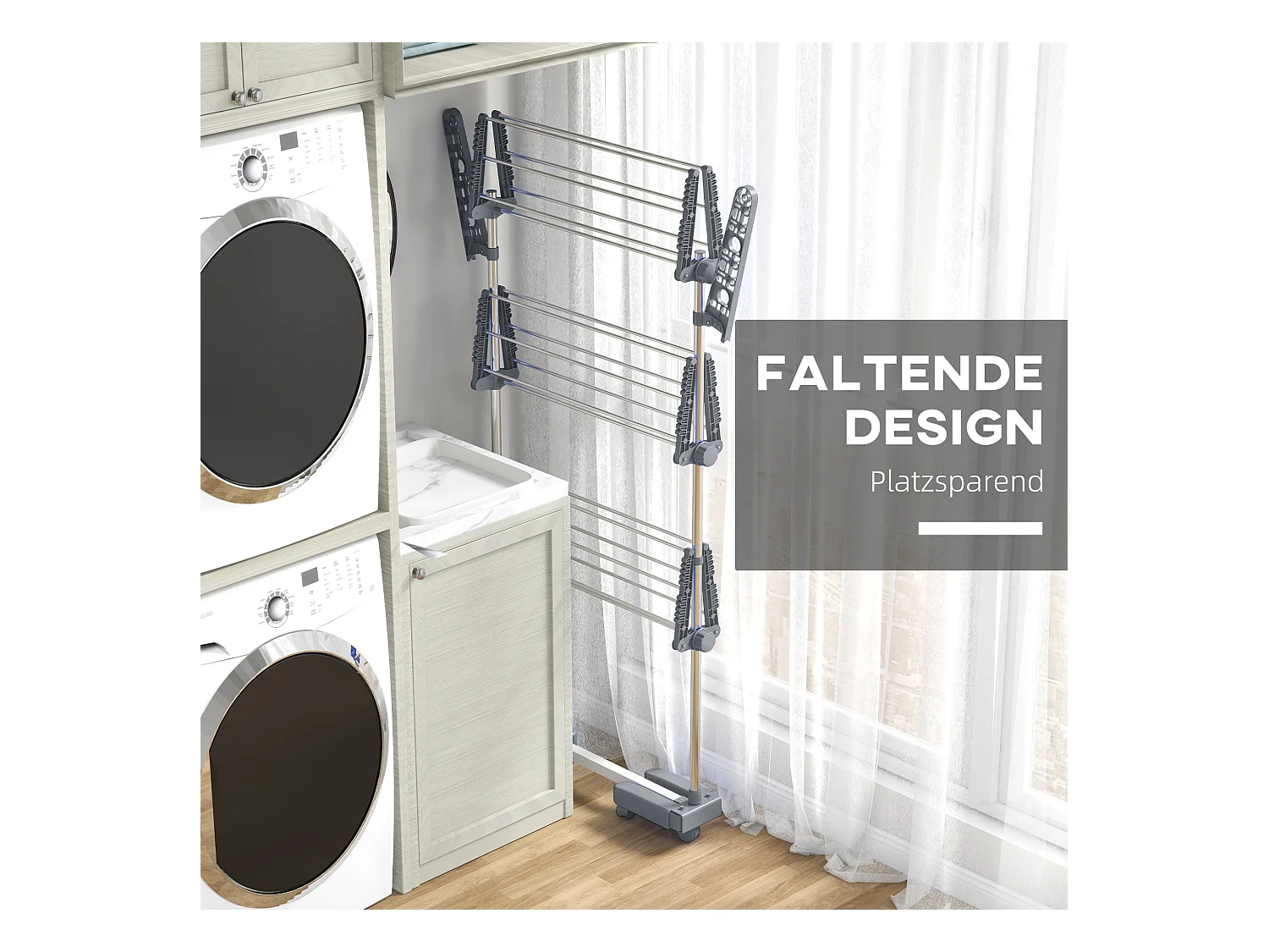 Porte-linge tour, avec 3 étagères, en acier, gris (142x55x152 cm)