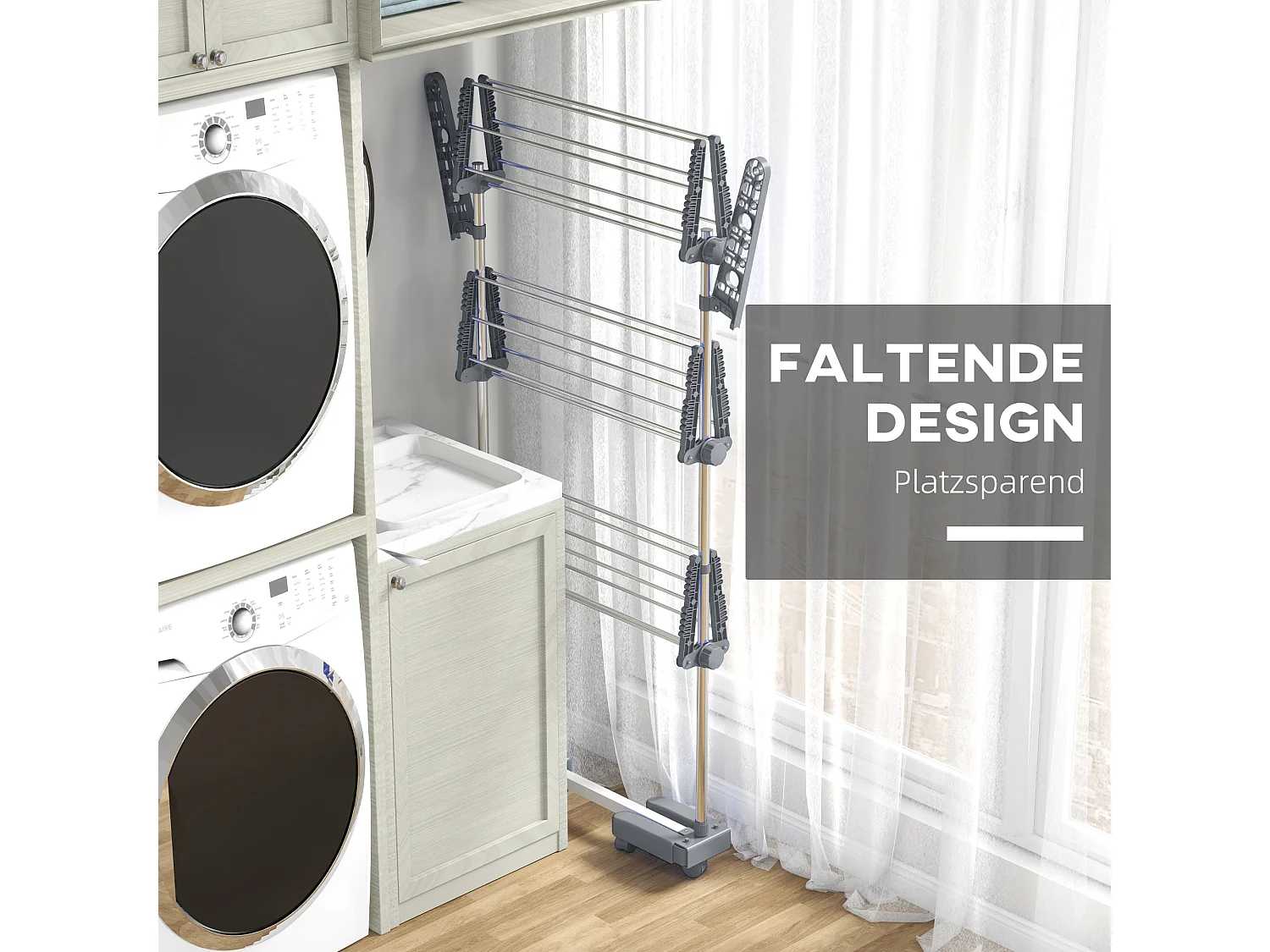 Porte-linge tour, avec 3 étagères, en acier, gris (142x55x152 cm)