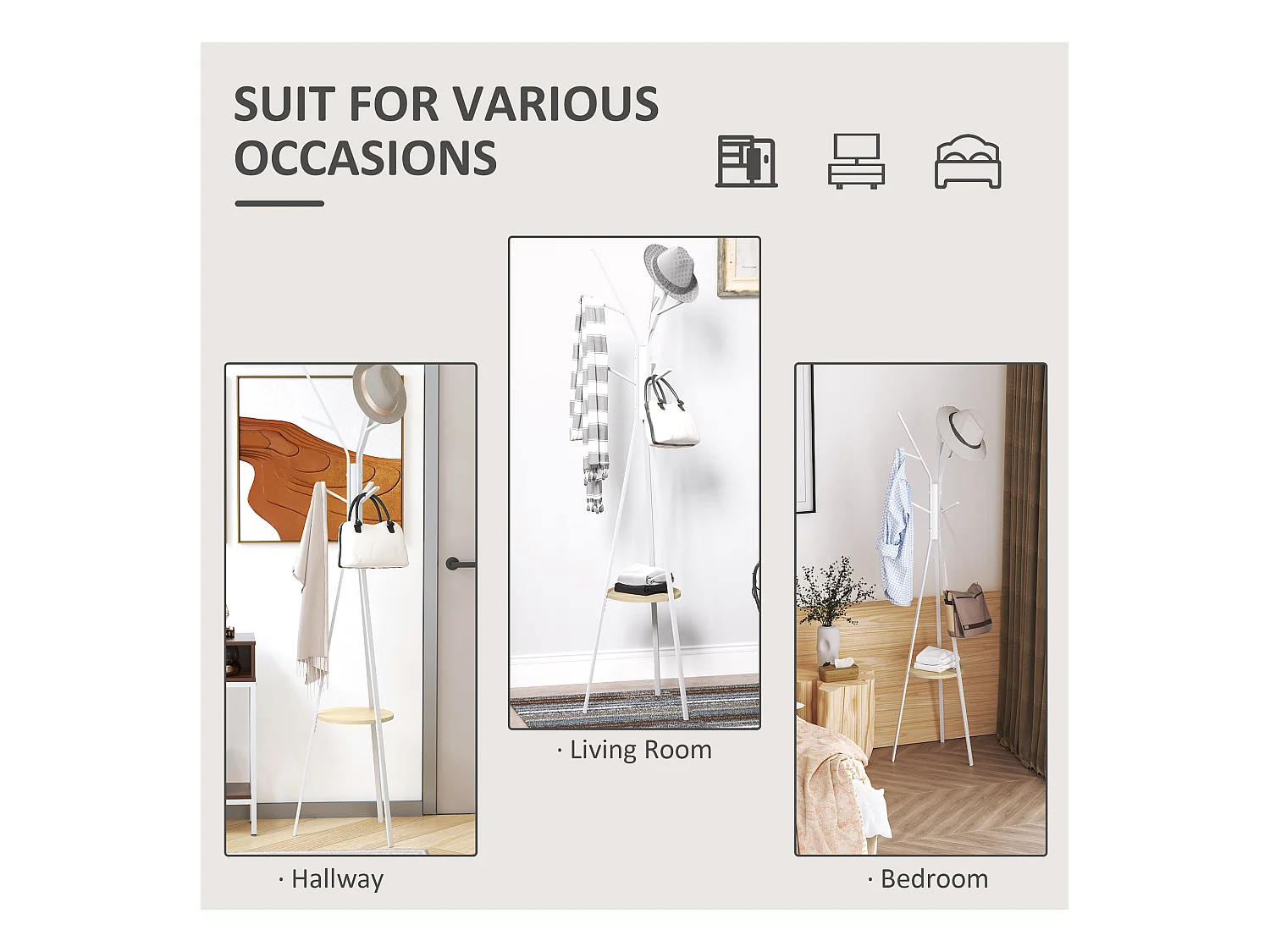 Porte-manteau sur pied, avec étagère et 3 barres, métal blanc (45x45x180 cm)