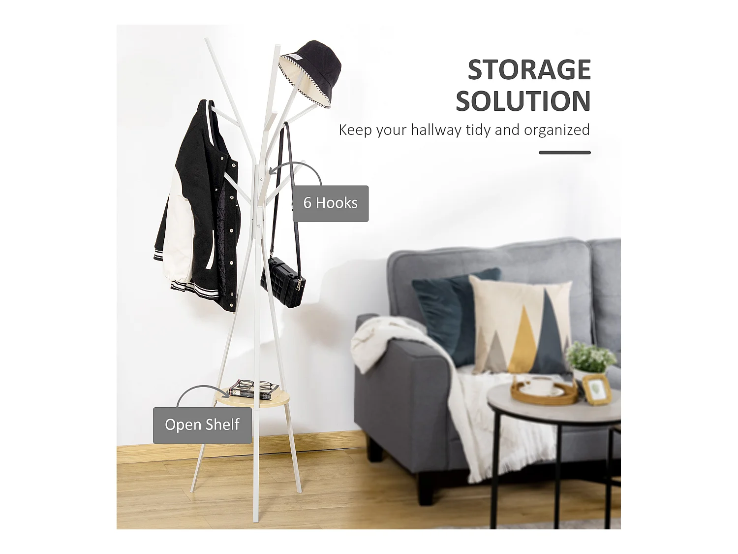 Porte-manteau sur pied, avec étagère et 3 barres, métal blanc (45x45x180 cm)