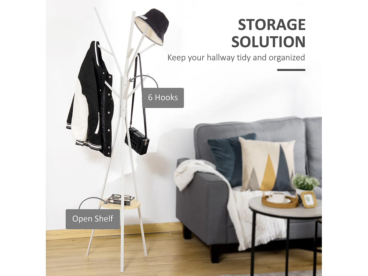 Porte-manteau sur pied, avec étagère et 3 barres, métal blanc (45x45x180 cm)