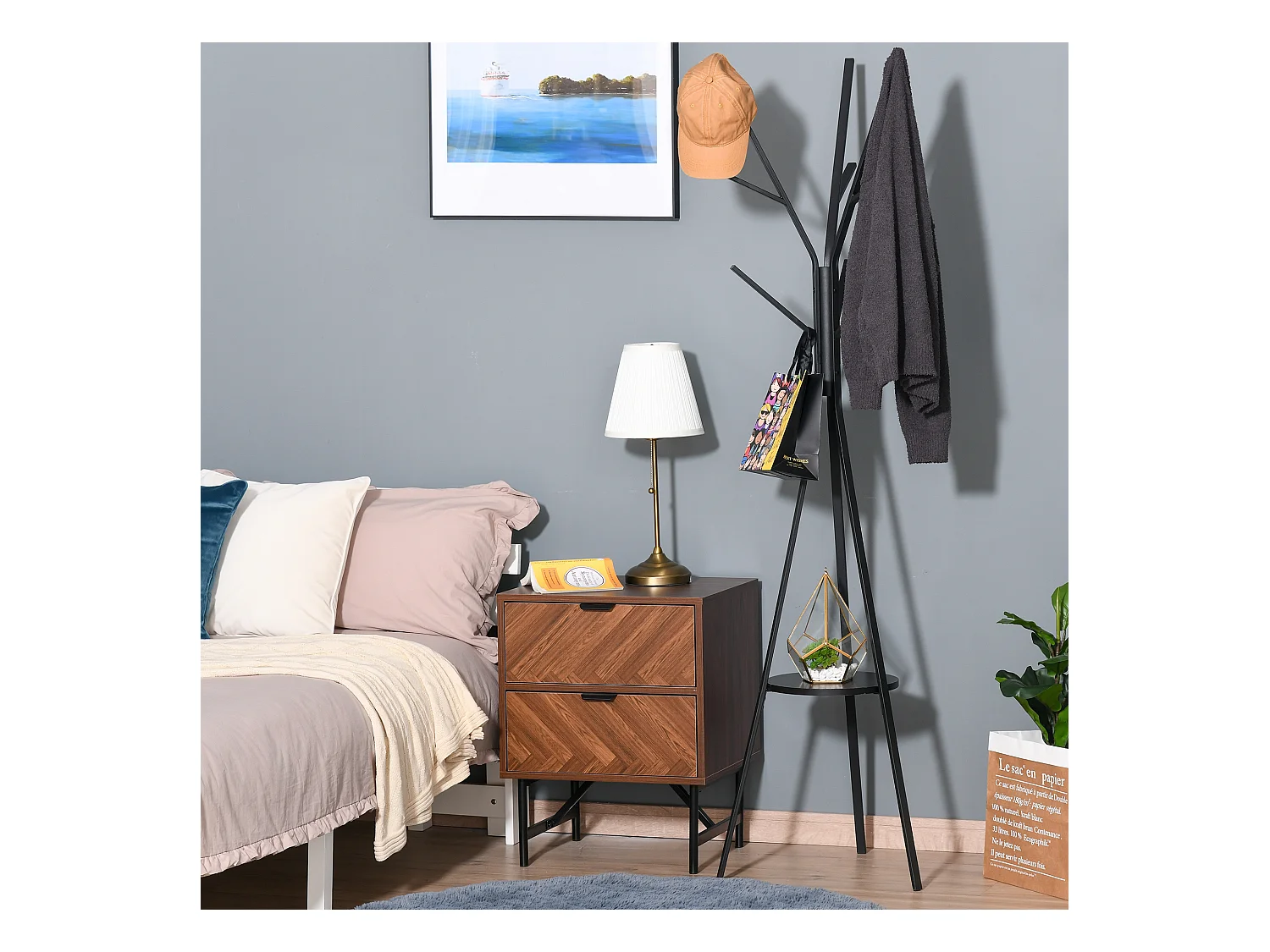 Porte-manteau sur pied élégant, structure métal et MDF, noir, design scandinave stable (45x45x180cm)