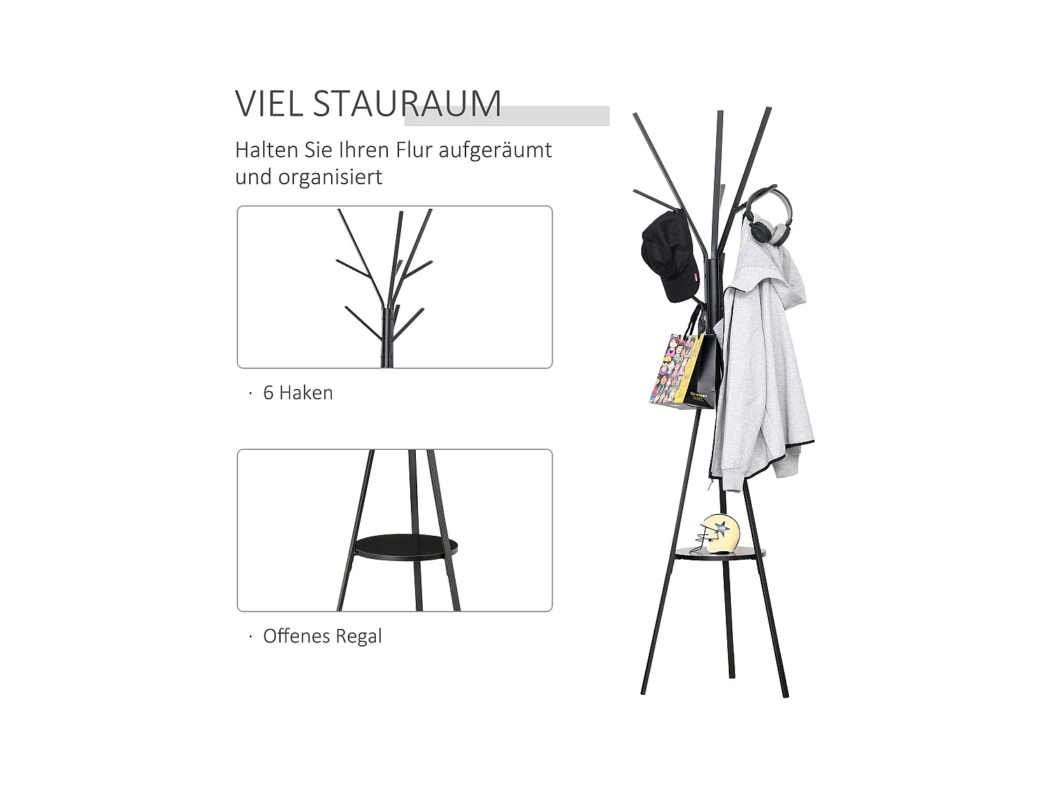 Porte-manteau sur pied élégant, structure métal et MDF, noir, design scandinave stable (45x45x180cm)