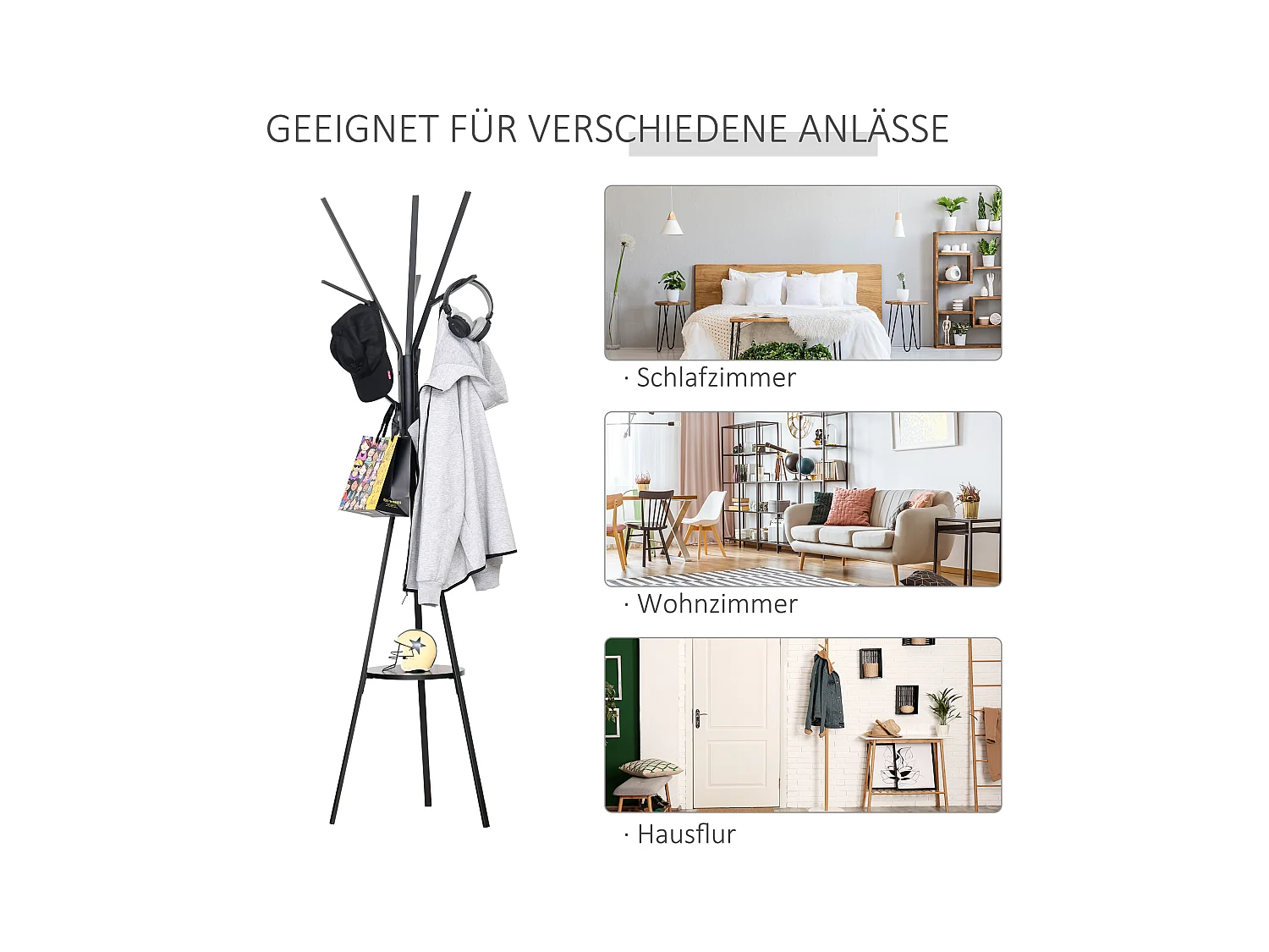 Porte-manteau sur pied élégant, structure métal et MDF, noir, design scandinave stable (45x45x180cm)