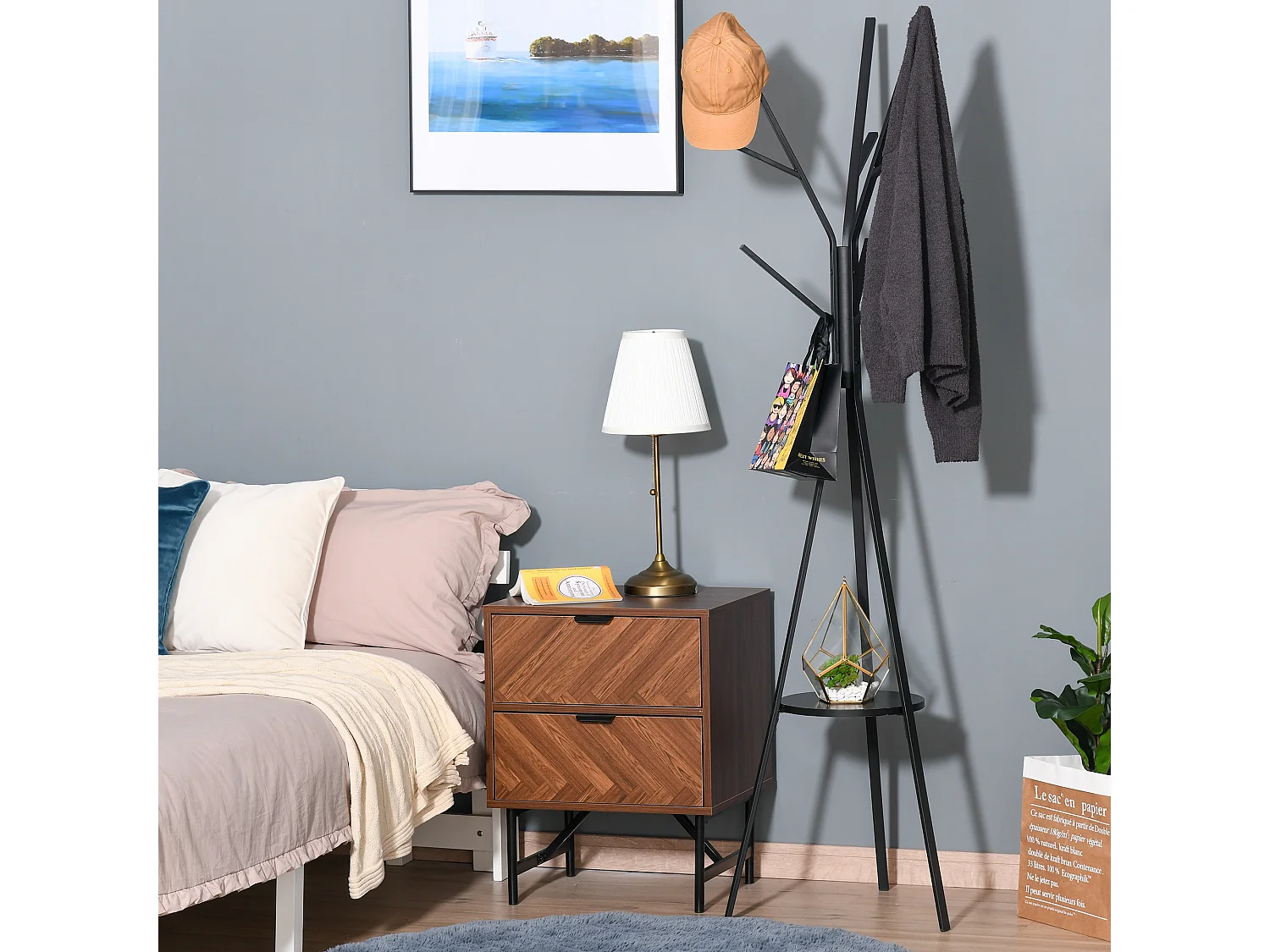 Porte-manteau sur pied élégant, structure métal et MDF, noir, design scandinave stable (45x45x180cm)