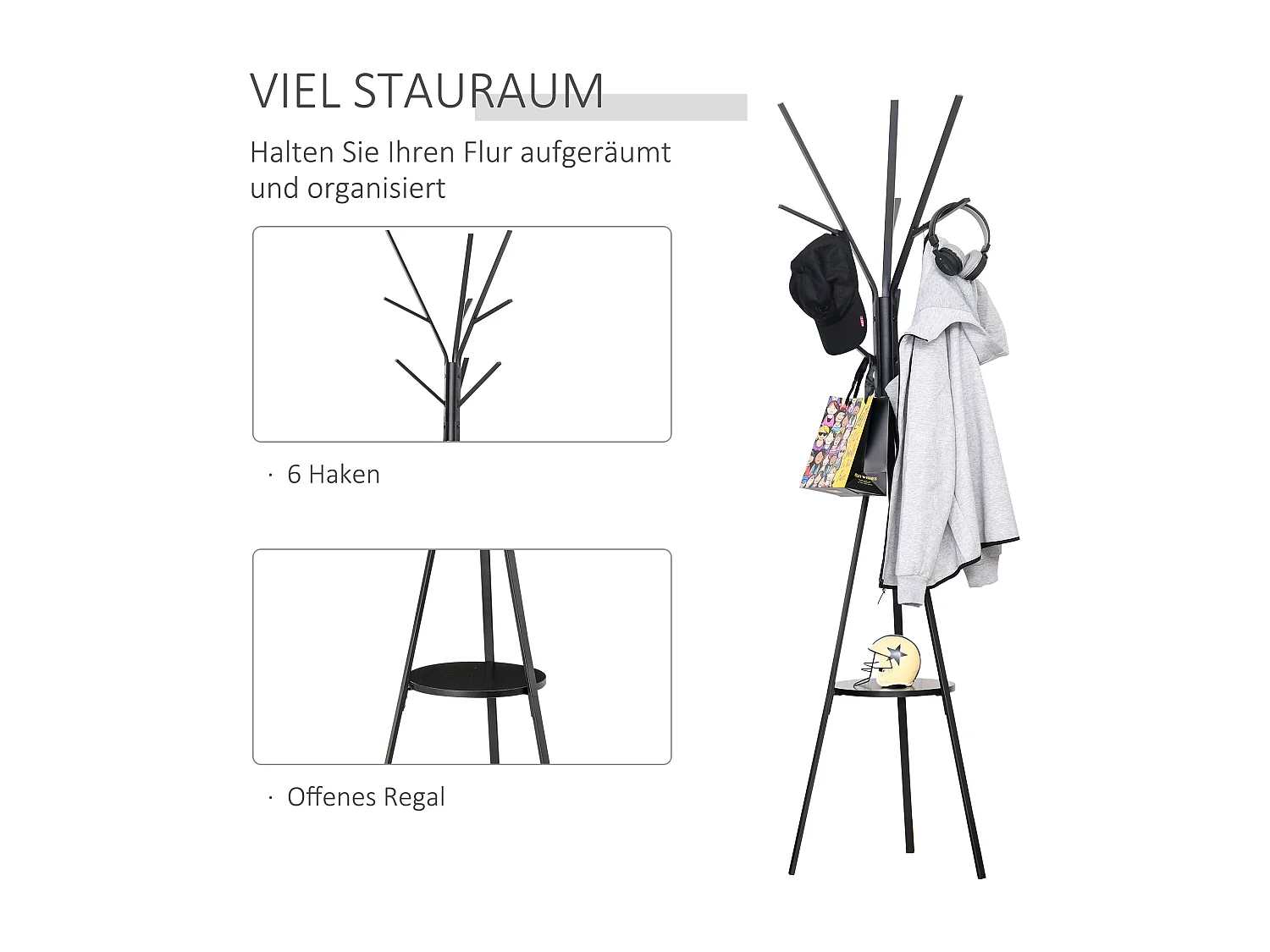 Porte-manteau sur pied élégant, structure métal et MDF, noir, design scandinave stable (45x45x180cm)