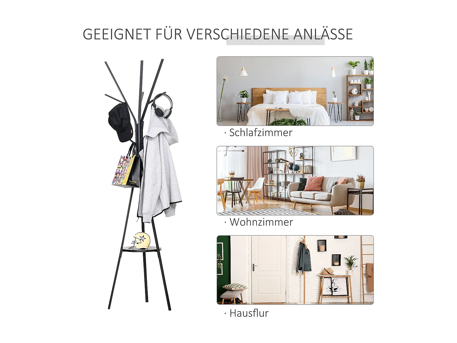 Porte-manteau sur pied élégant, structure métal et MDF, noir, design scandinave stable (45x45x180cm)