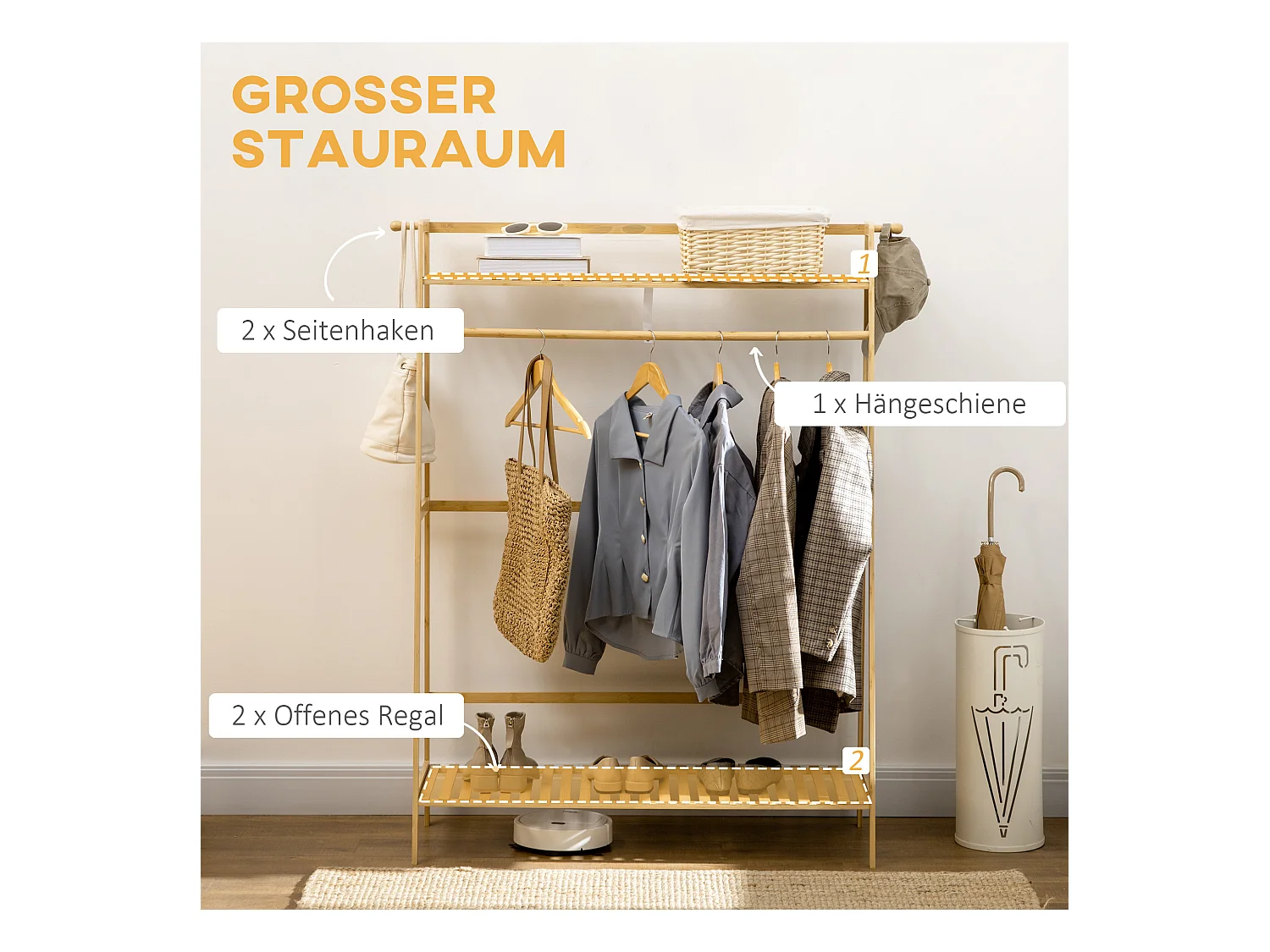 Perchero de bambú con 2 estantes, 2 ganchos y 1 barra, natural (114x40x139 cm)