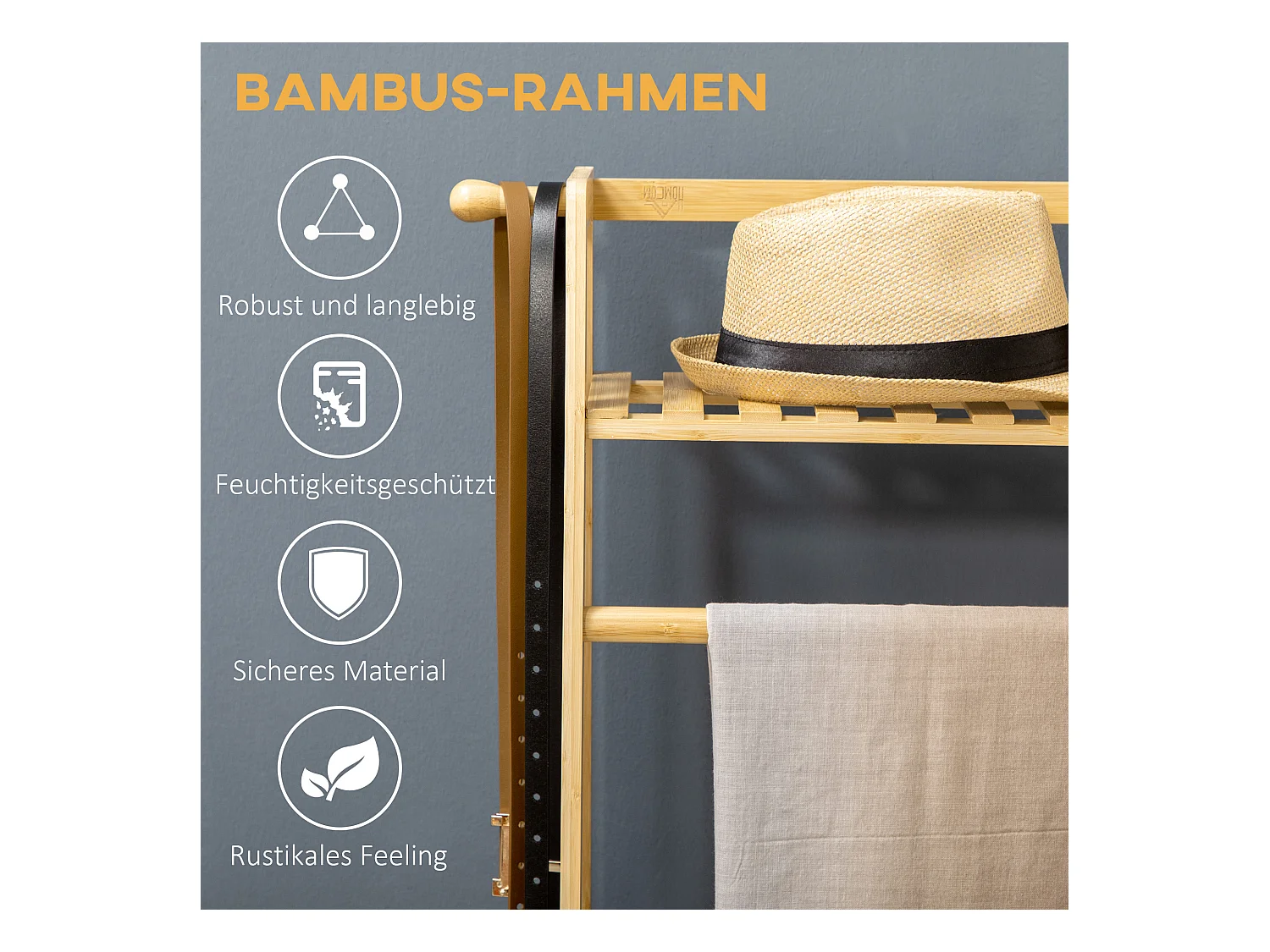 Perchero de bambú con 2 estantes, 2 ganchos y 1 barra, natural (114x40x139 cm)