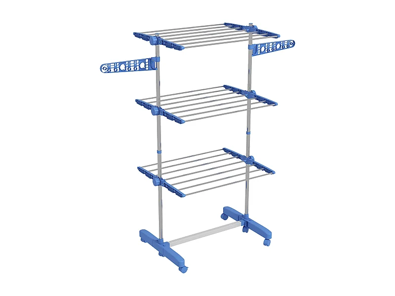 Séchoir à linge sur roulettes, 3 niveaux avec ailes latérales, acier, bleu (142x55x152 cm)