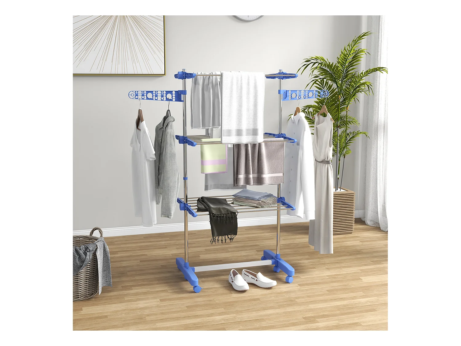 Droger op wielen, 3 niveaus met zijvleugels, staal, blauw (142x55x152 cm)