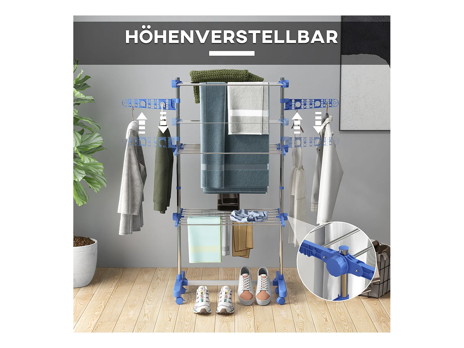 Droger op wielen, 3 niveaus met zijvleugels, staal, blauw (142x55x152 cm)