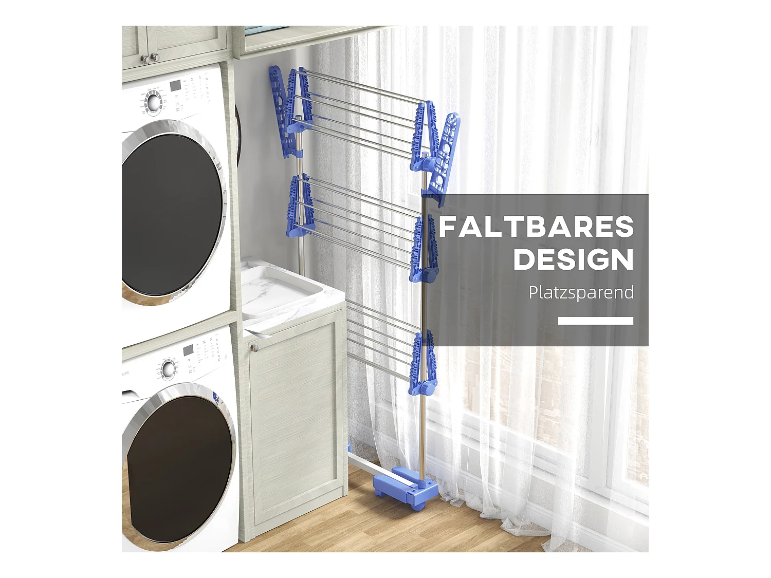 Droger op wielen, 3 niveaus met zijvleugels, staal, blauw (142x55x152 cm)