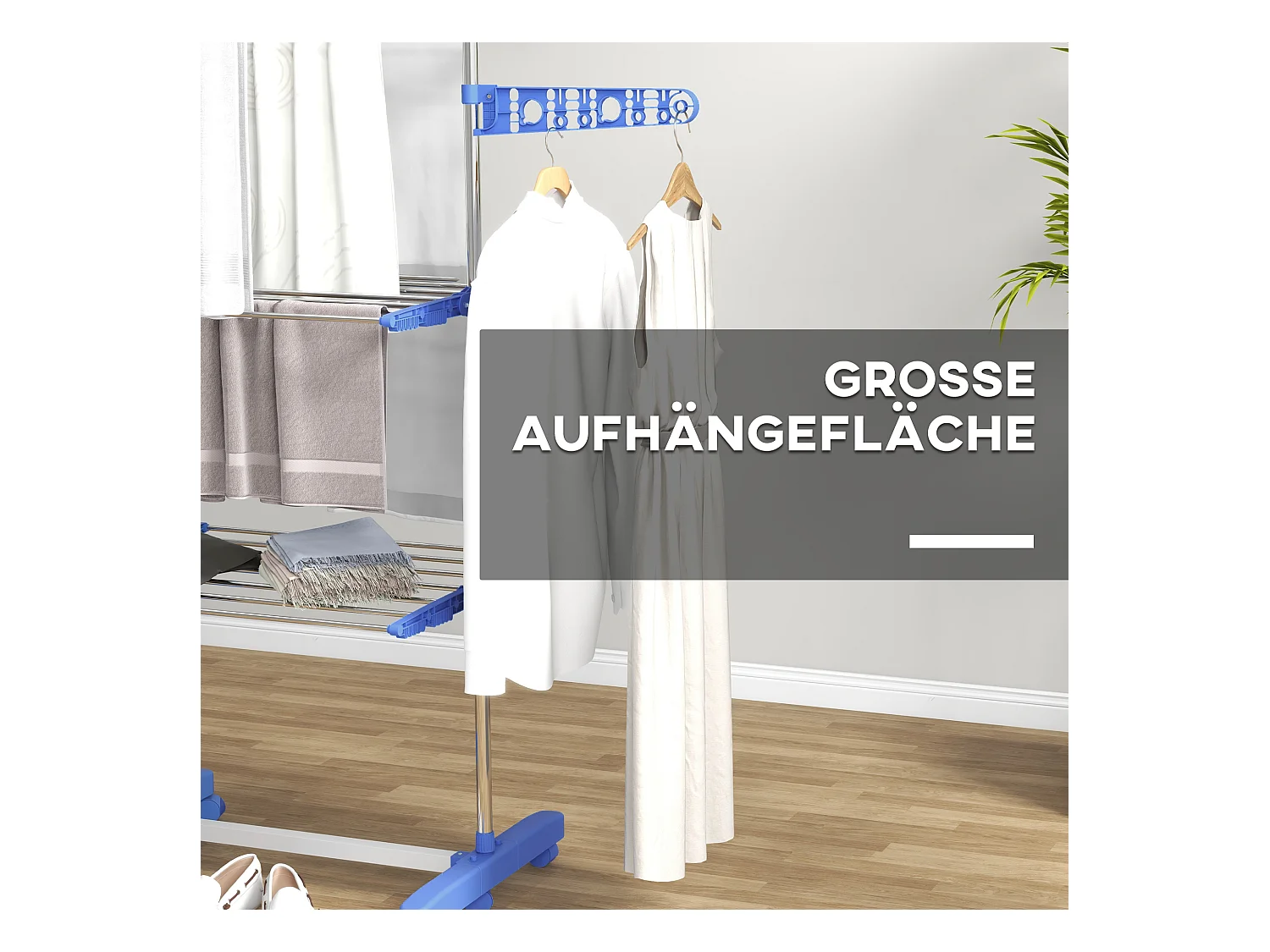 Séchoir à linge sur roulettes, 3 niveaux avec ailes latérales, acier, bleu (142x55x152 cm)