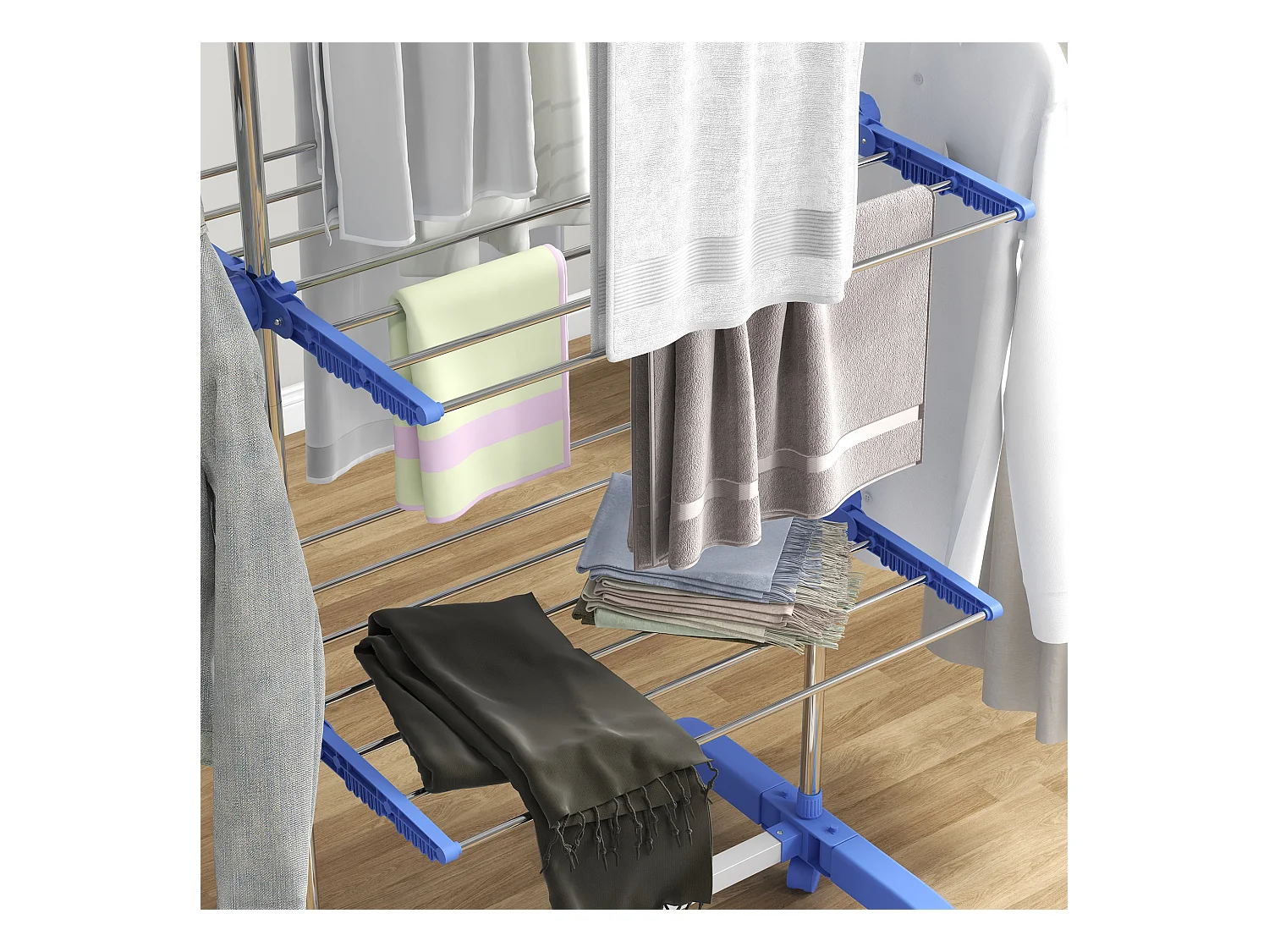 Séchoir à linge sur roulettes, 3 niveaux avec ailes latérales, acier, bleu (142x55x152 cm)