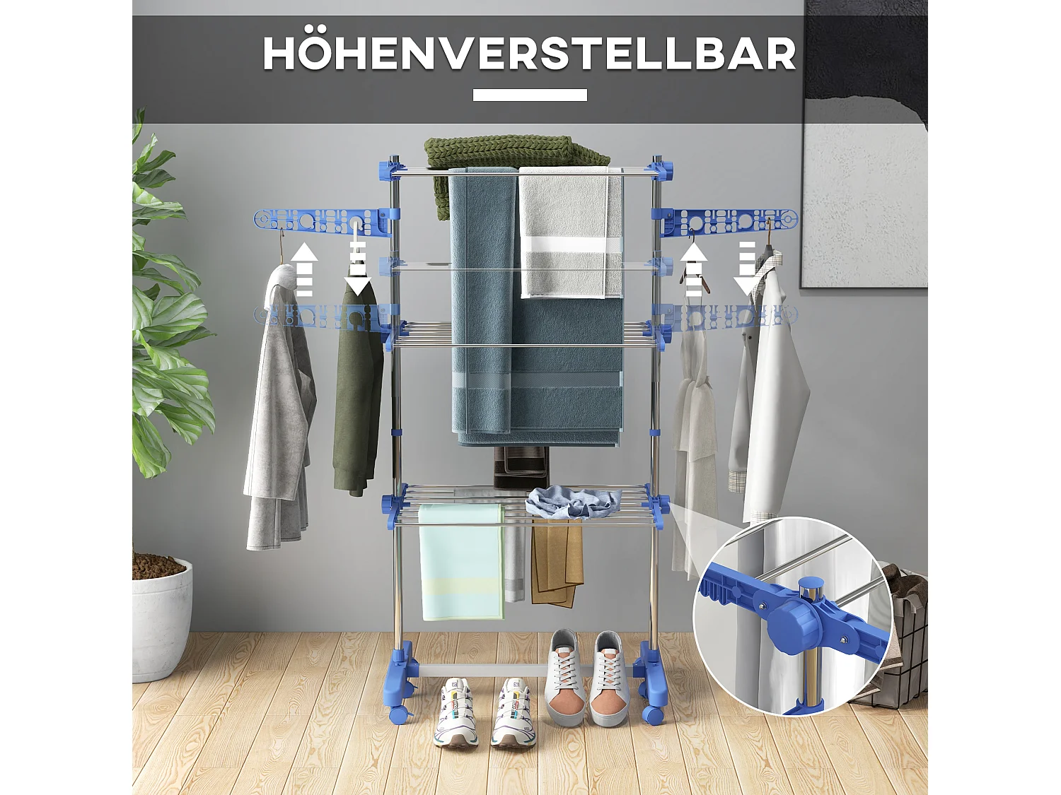 Séchoir à linge sur roulettes, 3 niveaux avec ailes latérales, acier, bleu (142x55x152 cm)