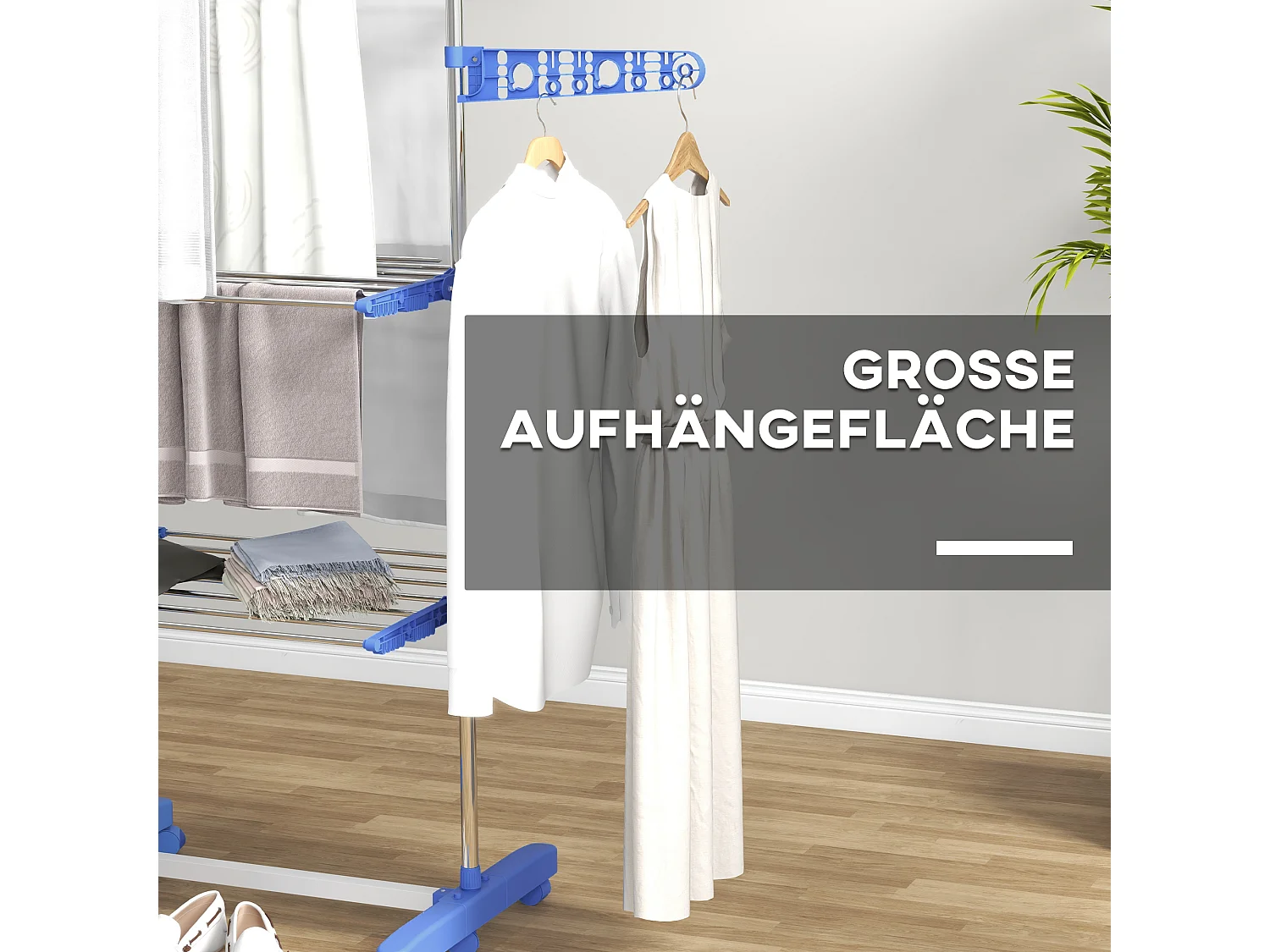 Séchoir à linge sur roulettes, 3 niveaux avec ailes latérales, acier, bleu (142x55x152 cm)