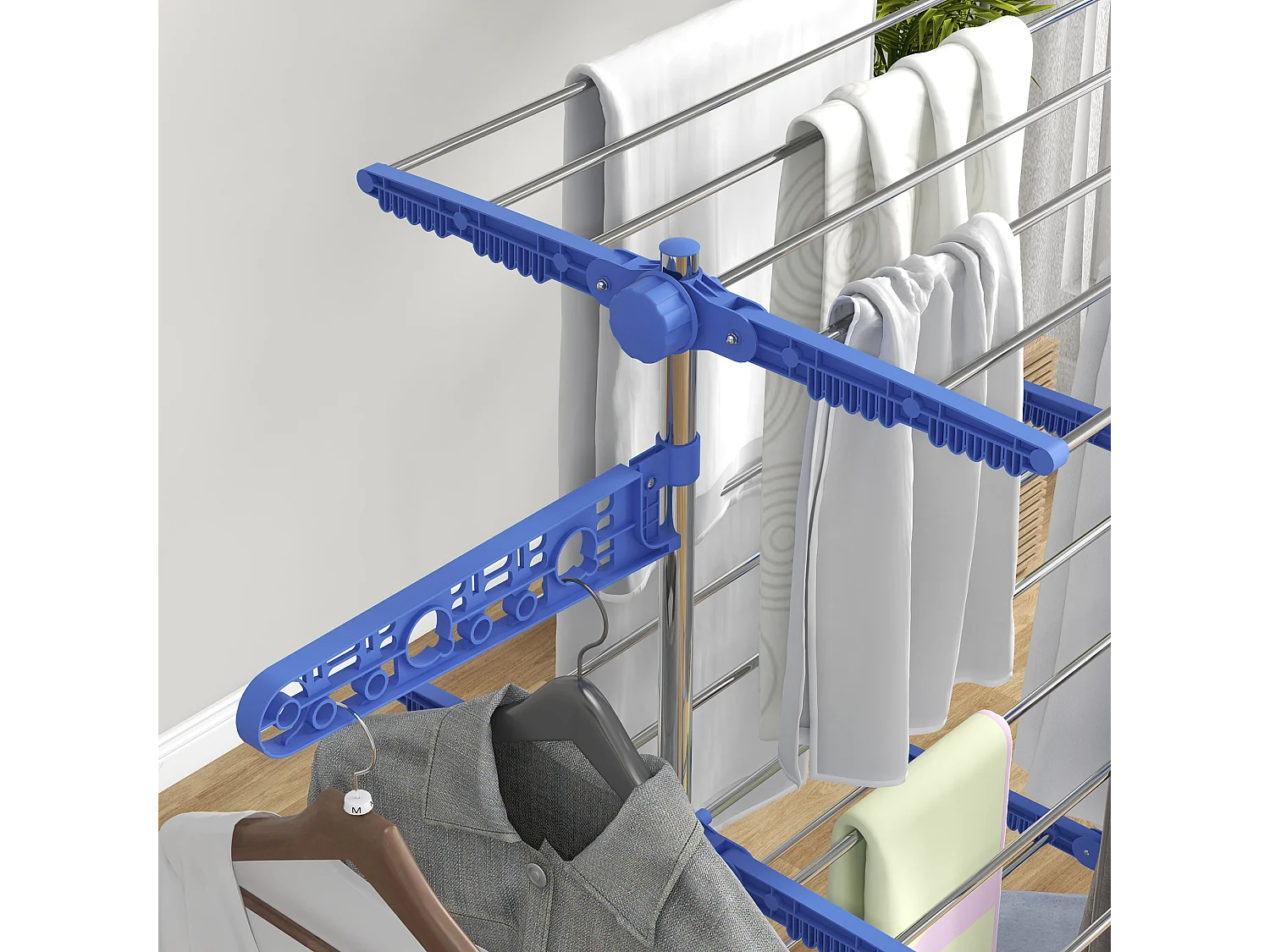 Séchoir à linge sur roulettes, 3 niveaux avec ailes latérales, acier, bleu (142x55x152 cm)