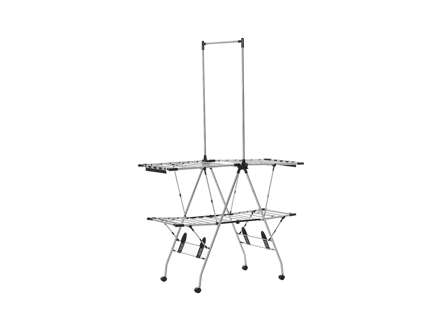 Séchoir à linge pliable à 3 niveaux, roulettes freinables, acier inoxydable, gris (138.5x63x208cm)