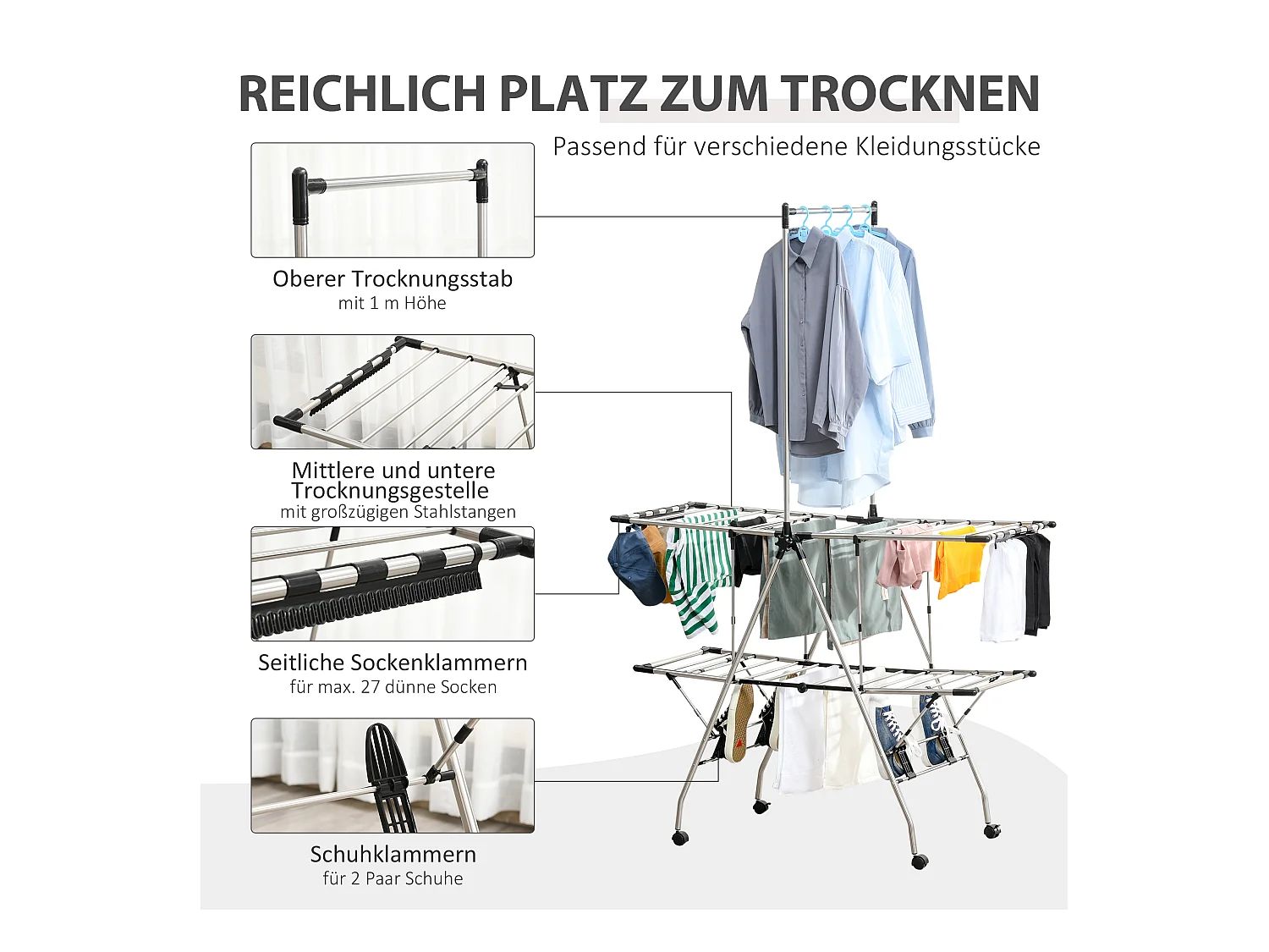 Séchoir à linge pliable à 3 niveaux, roulettes freinables, acier inoxydable, gris (138.5x63x208cm)