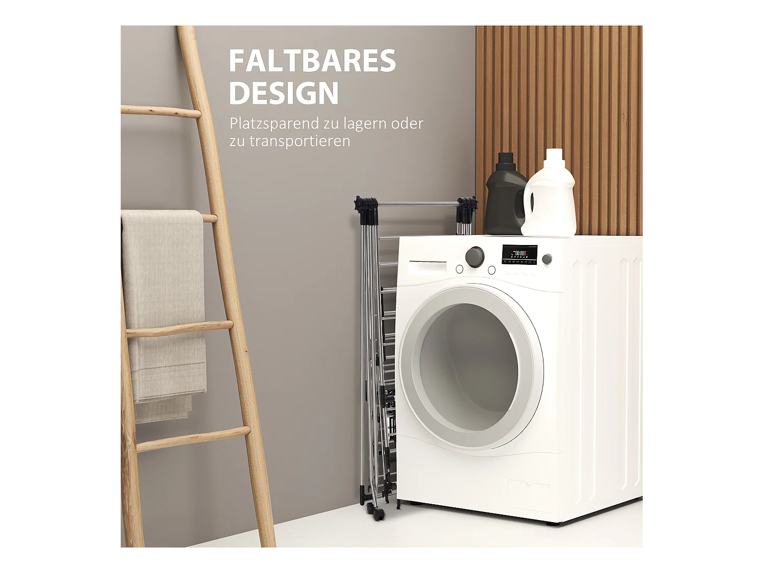 Séchoir à linge pliable à 3 niveaux, roulettes freinables, acier inoxydable, gris (138.5x63x208cm)