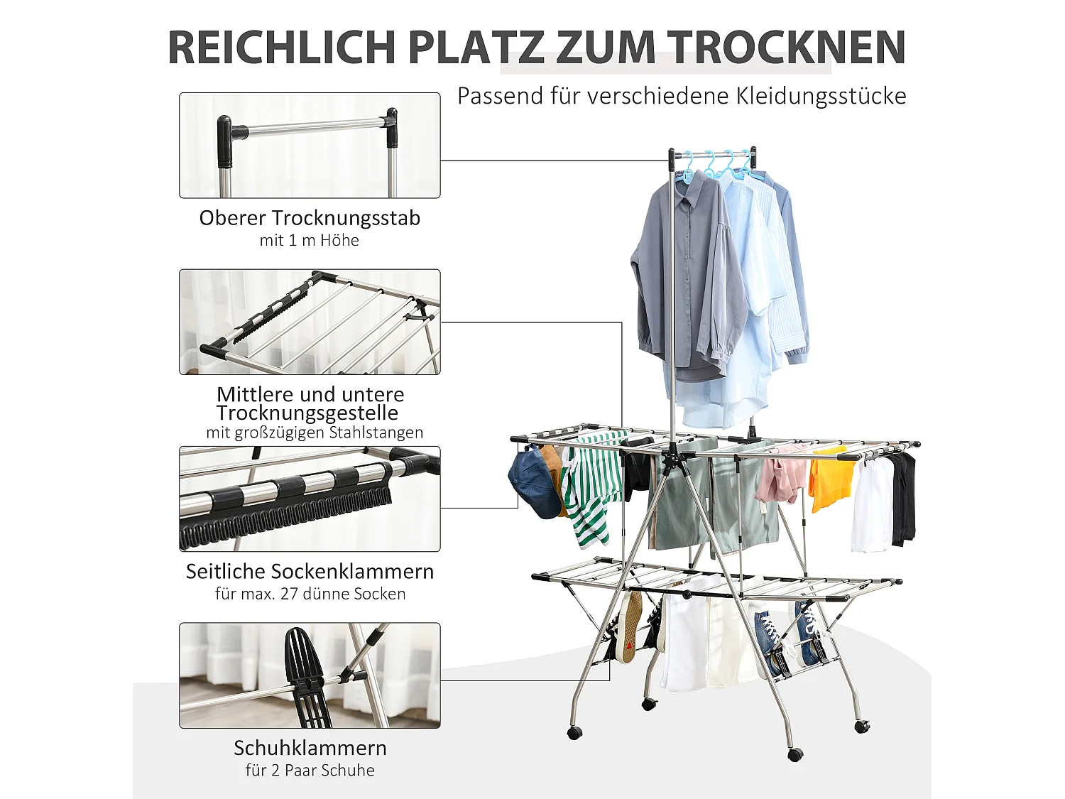 Séchoir à linge pliable à 3 niveaux, roulettes freinables, acier inoxydable, gris (138.5x63x208cm)