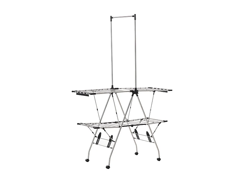 Séchoir à linge pliable à 3 niveaux, roulettes freinables, acier inoxydable, gris (138.5x63x208cm)