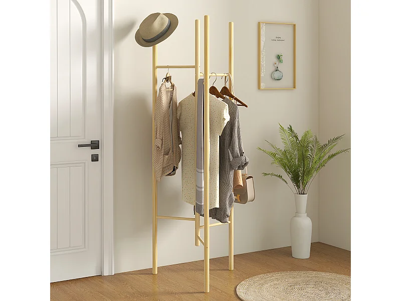 Nordic kledingrek met 6 massief houten stangen, stevig frame, natuurlijk (62x52,5x160 cm)