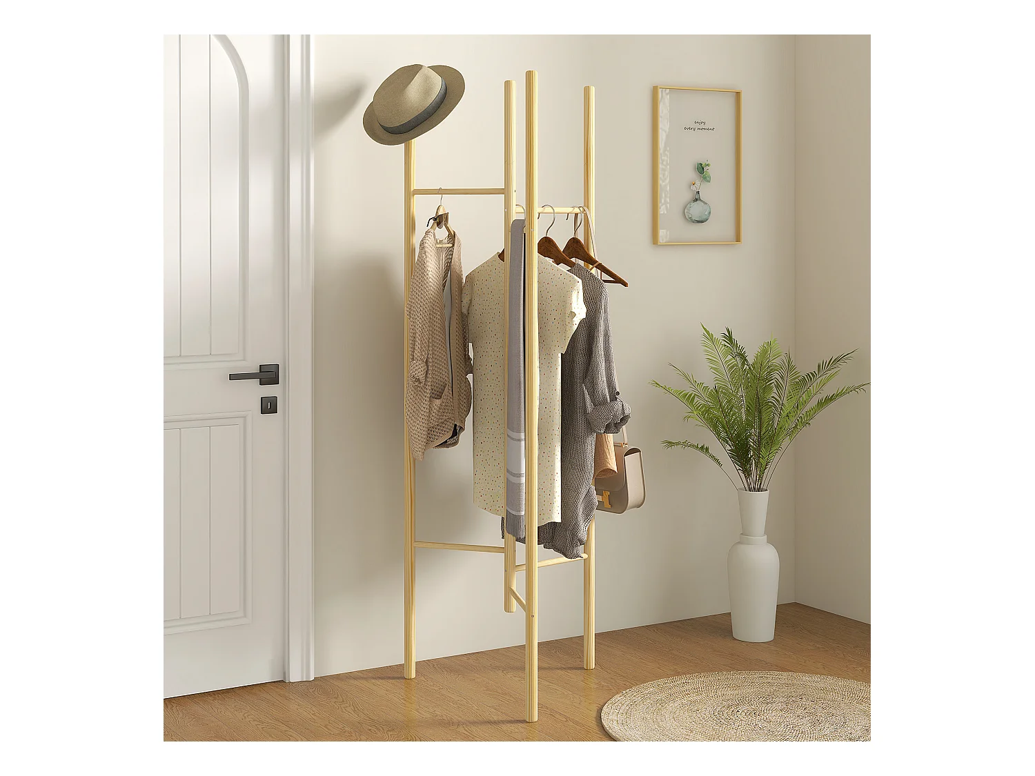 Porte-vêtements nordique avec 6 barres en bois massif, cadre robuste, naturel (62x52.5x160 cm)