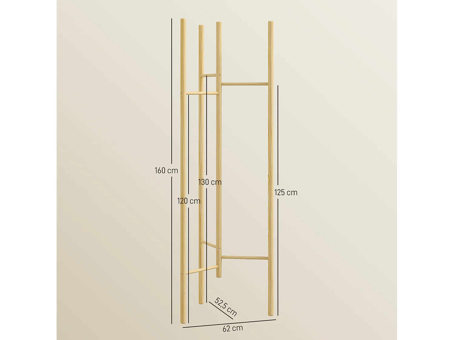 Porte-vêtements nordique avec 6 barres en bois massif, cadre robuste, naturel (62x52.5x160 cm)