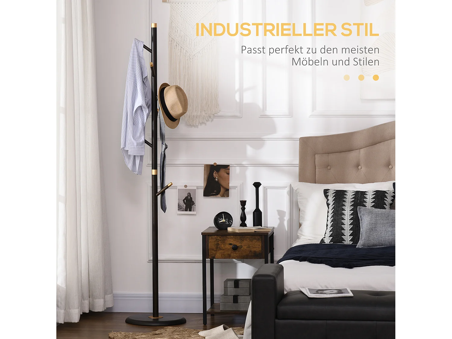 Perchero de pie con 6 ganchos, bambú, acabado nogal (36x36x180cm)