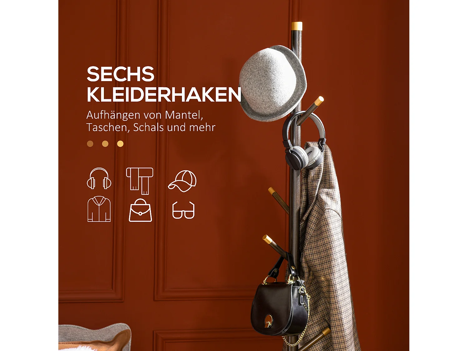 Perchero de pie con 6 ganchos, bambú, acabado nogal (36x36x180cm)