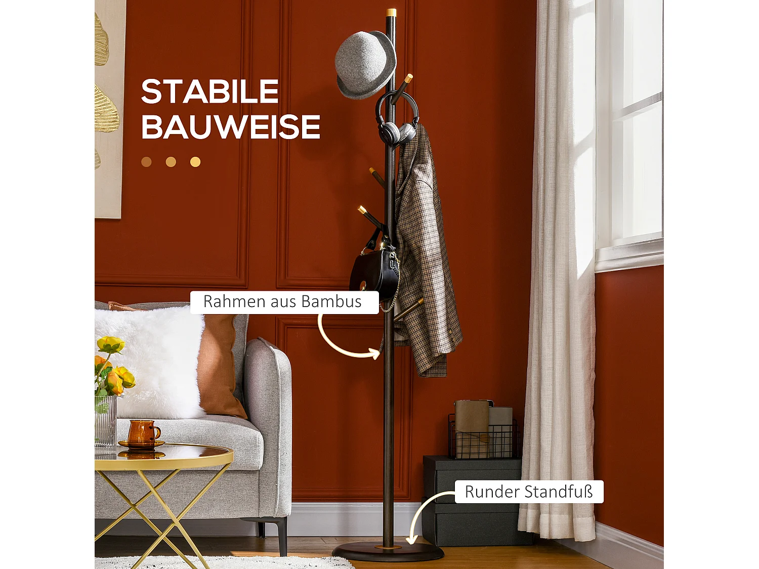 Vrijstaande kapstok met 6 haken, bamboe, walnoot afwerking (36x36x180cm)