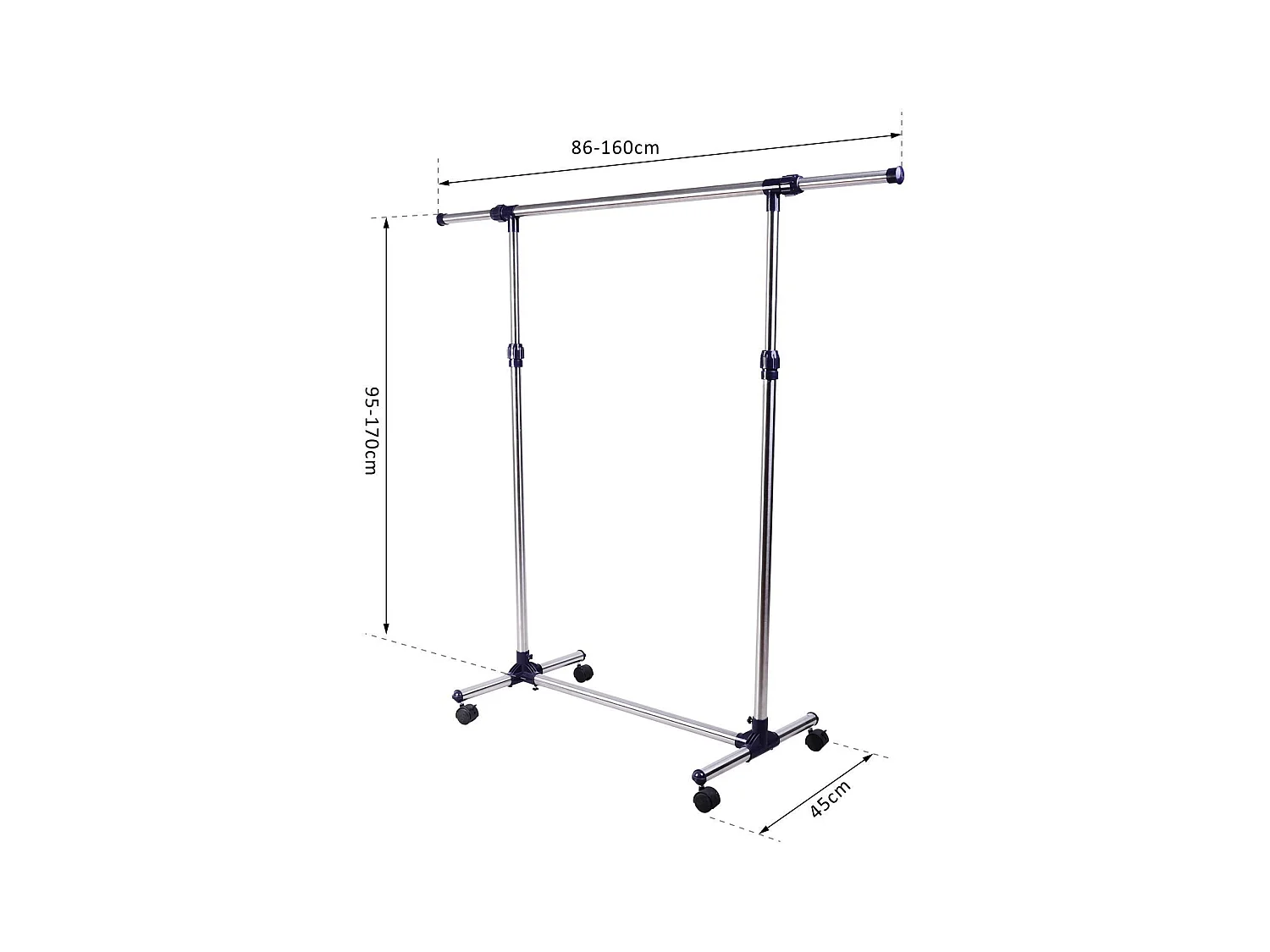 Porte-vêtements avec roulettes, ajustable en hauteur et largeur, acier inoxydable, argenté (86-160x45x95-170 cm)