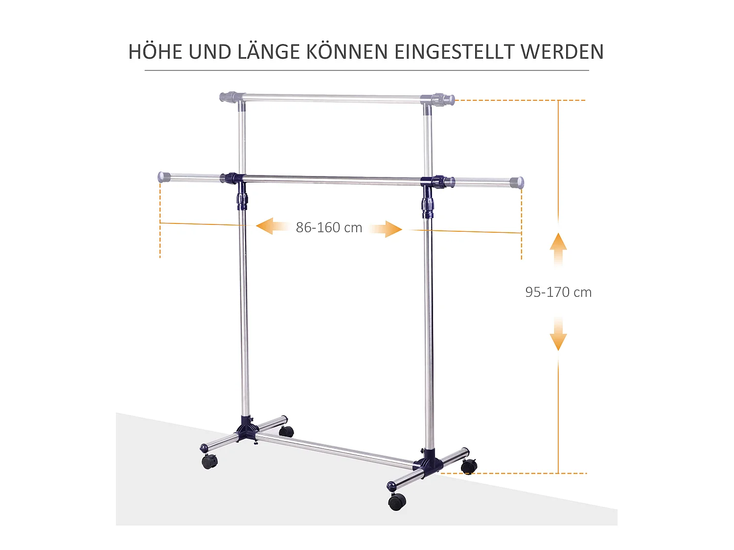 Porte-vêtements avec roulettes, ajustable en hauteur et largeur, acier inoxydable, argenté (86-160x45x95-170 cm)