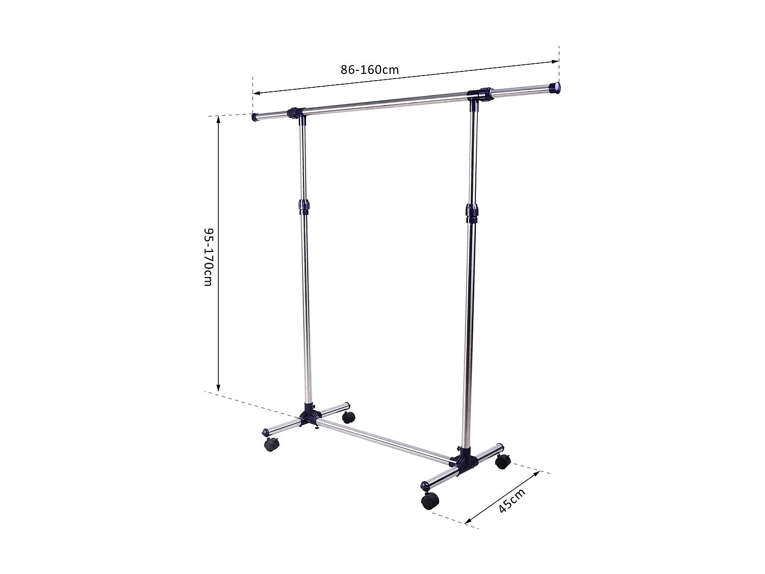 Porte-vêtements avec roulettes, ajustable en hauteur et largeur, acier inoxydable, argenté (86-160x45x95-170 cm)