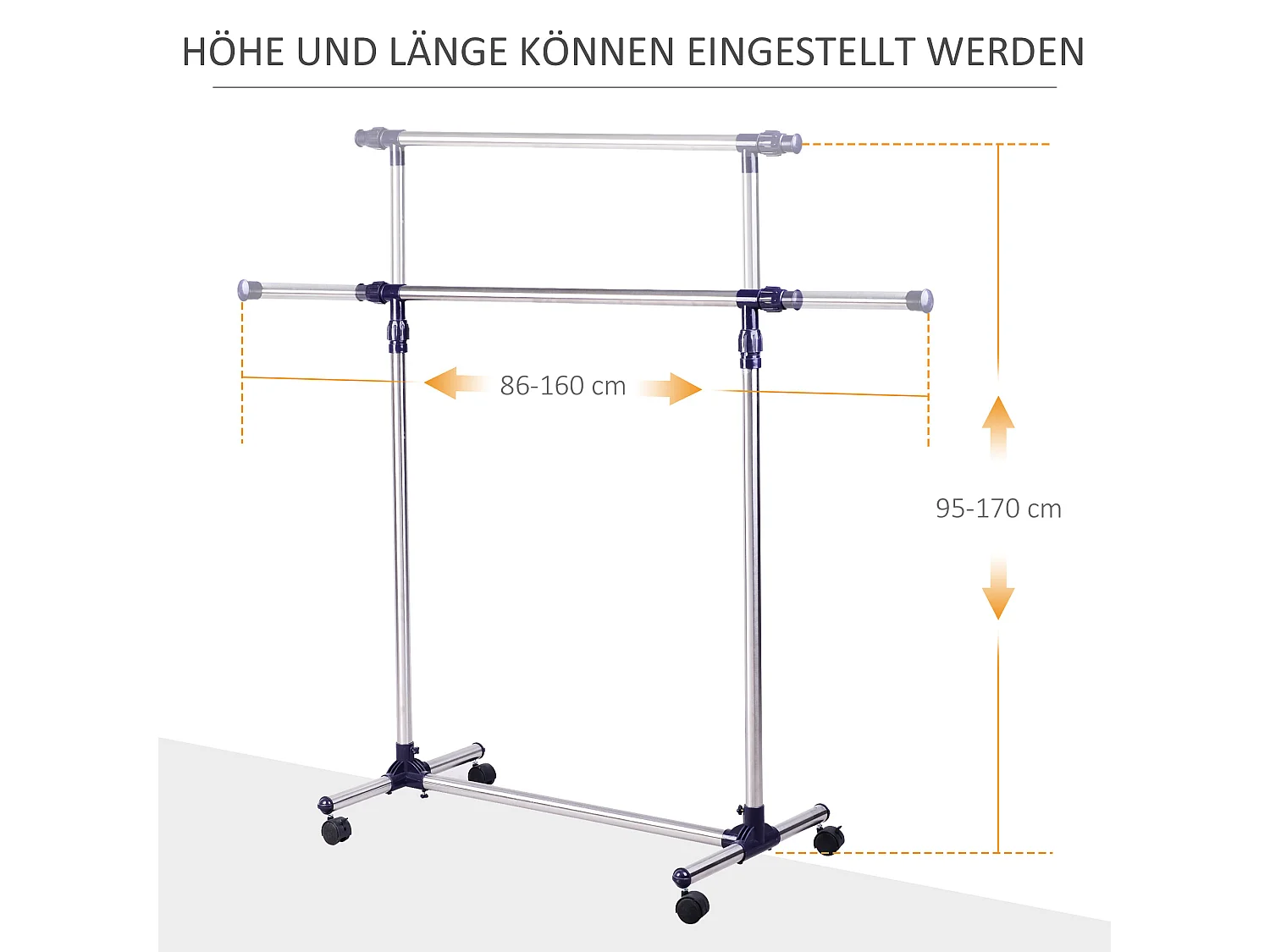 Porte-vêtements avec roulettes, ajustable en hauteur et largeur, acier inoxydable, argenté (86-160x45x95-170 cm)