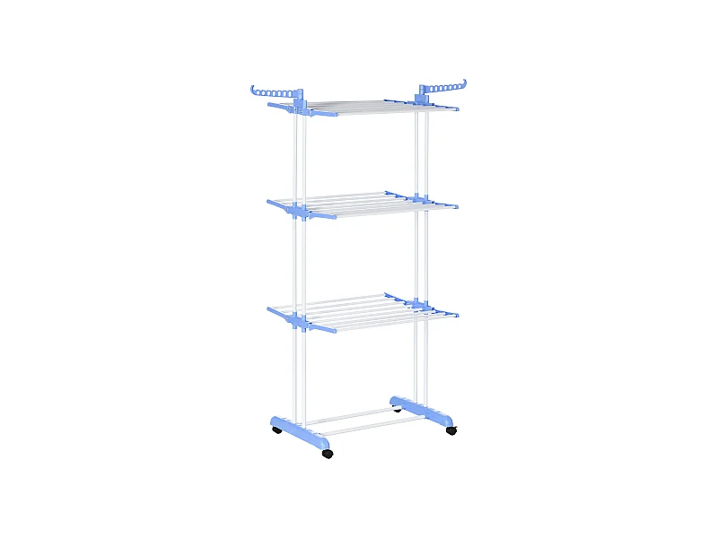Séchoir à linge tour avec 4 niveaux, acier, bleu, extensible avec roulettes, pour intérieur et extérieur (73x64x177 cm)