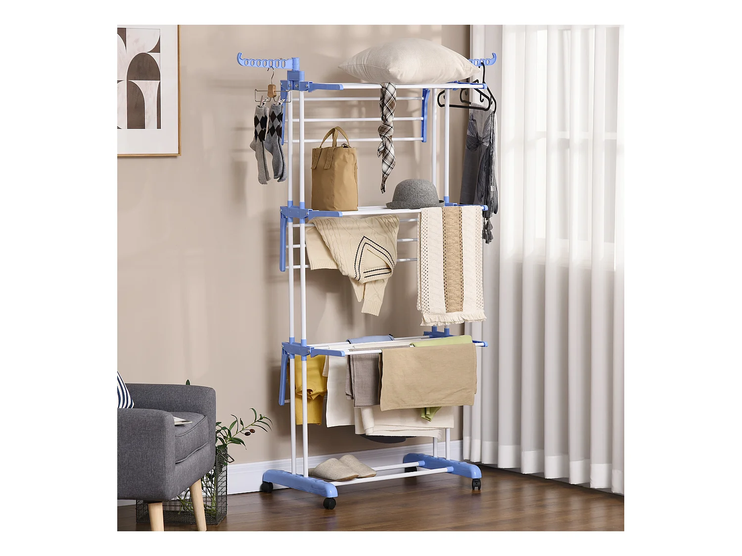 Torendroger met 4 niveaus, staal, blauw, uitschuifbaar met wielen, voor binnen- en buitengebruik (73x64x177 cm)