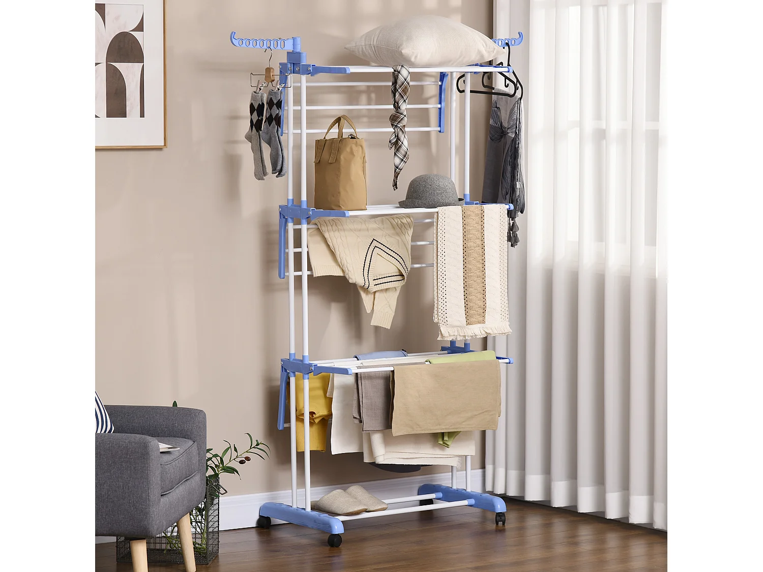 Séchoir à linge tour avec 4 niveaux, acier, bleu, extensible avec roulettes, pour intérieur et extérieur (73x64x177 cm)