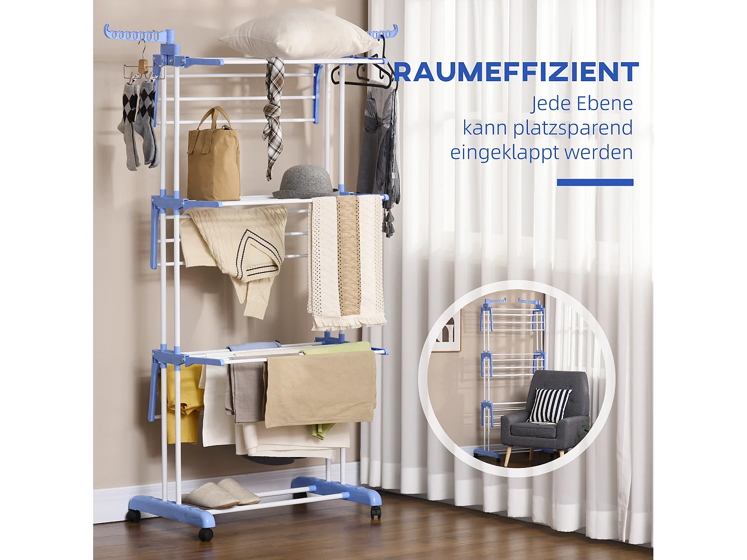 Séchoir à linge tour avec 4 niveaux, acier, bleu, extensible avec roulettes, pour intérieur et extérieur (73x64x177 cm)