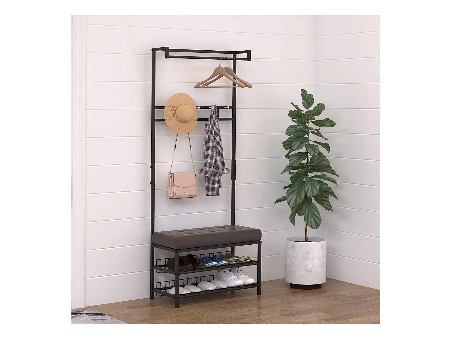 Porte-manteau avec banc, étagères à chaussures, métal, noir (72.5x35x180 cm)