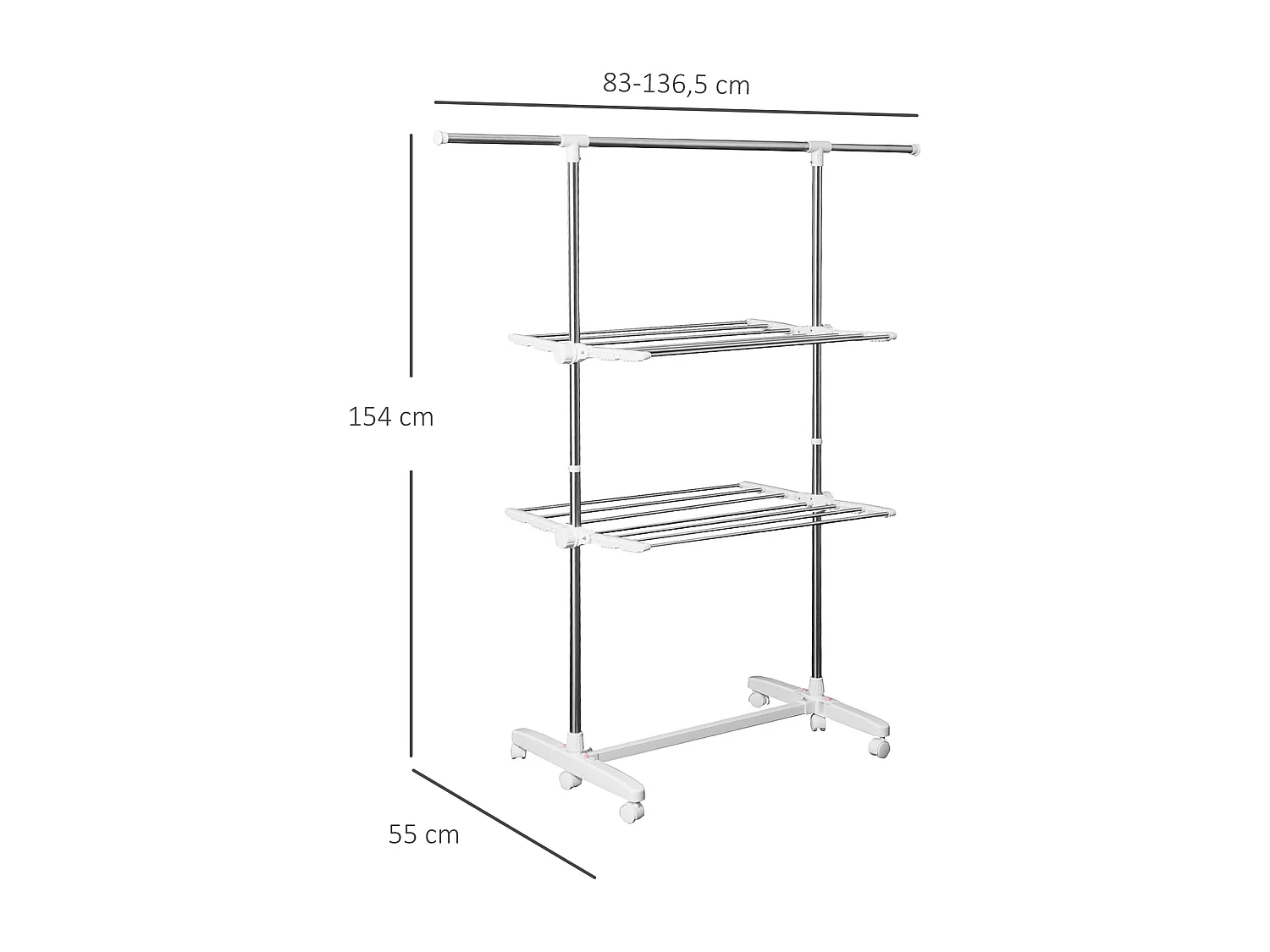 Mobiele wasdroger, 2 niveaus, met opvouwbare vleugels, roestvrij staal, zilver (136,5x55x154 cm)