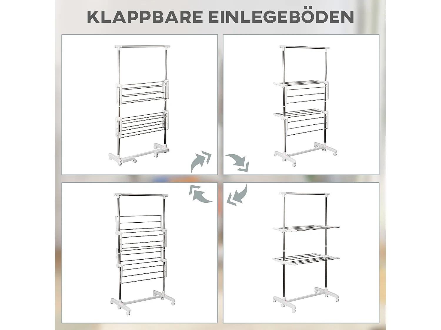 Mobiele wasdroger, 2 niveaus, met opvouwbare vleugels, roestvrij staal, zilver (136,5x55x154 cm)