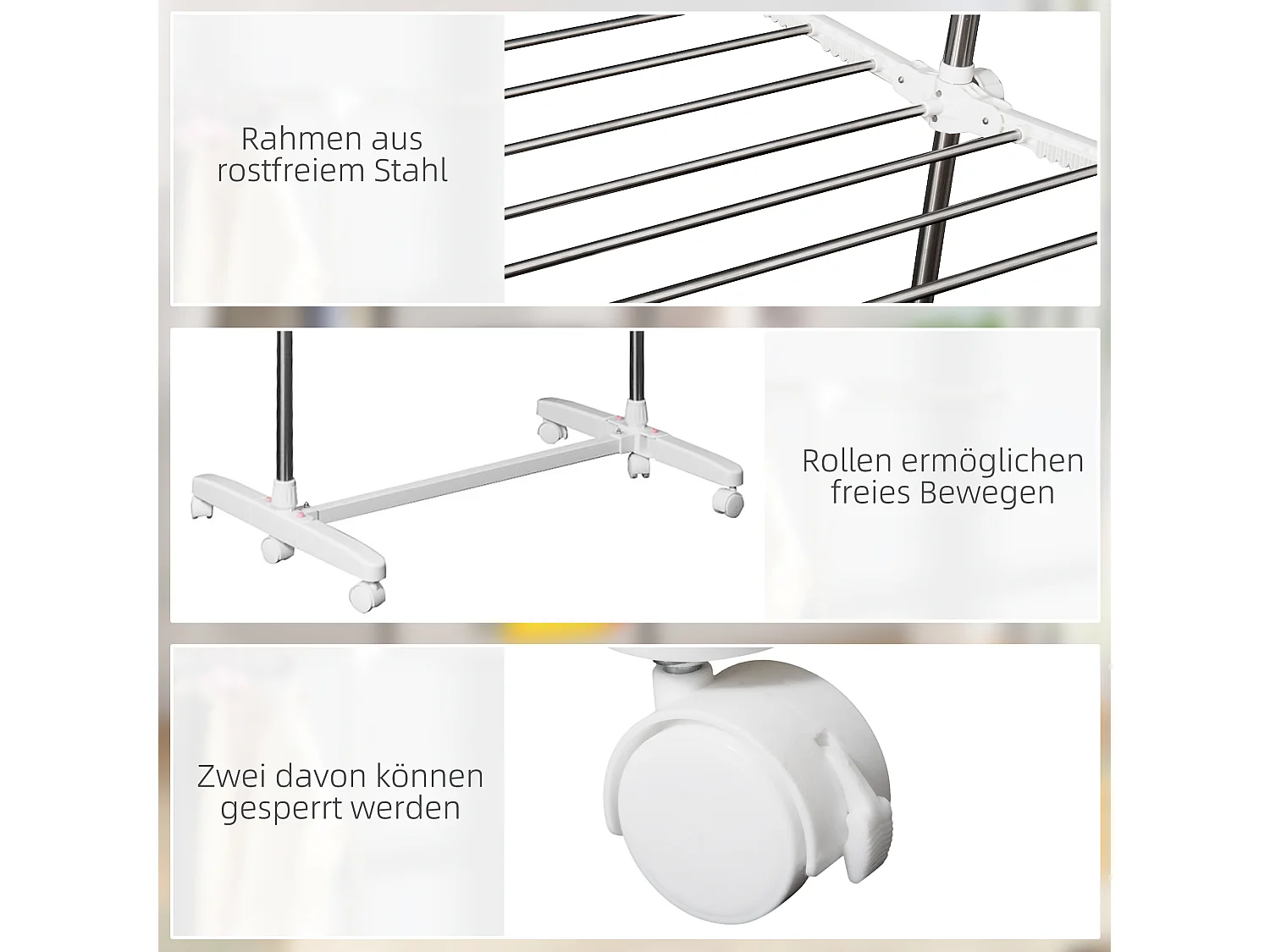 Mobiele wasdroger, 2 niveaus, met opvouwbare vleugels, roestvrij staal, zilver (136,5x55x154 cm)