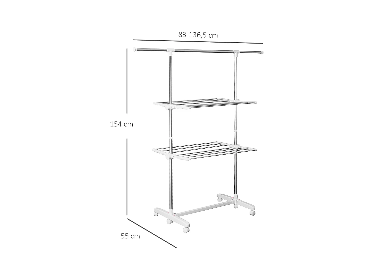 Séchoir à linge mobile, 2 niveaux, avec ailes rabattables, acier inoxydable, argenté (136.5x55x154 cm)