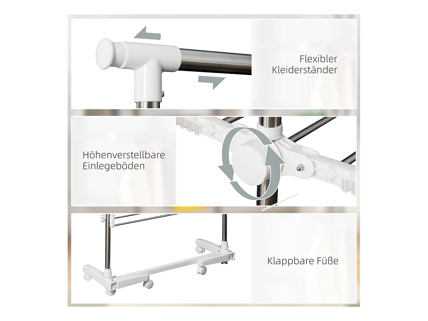 Séchoir à linge mobile, 2 niveaux, avec ailes rabattables, acier inoxydable, argenté (136.5x55x154 cm)