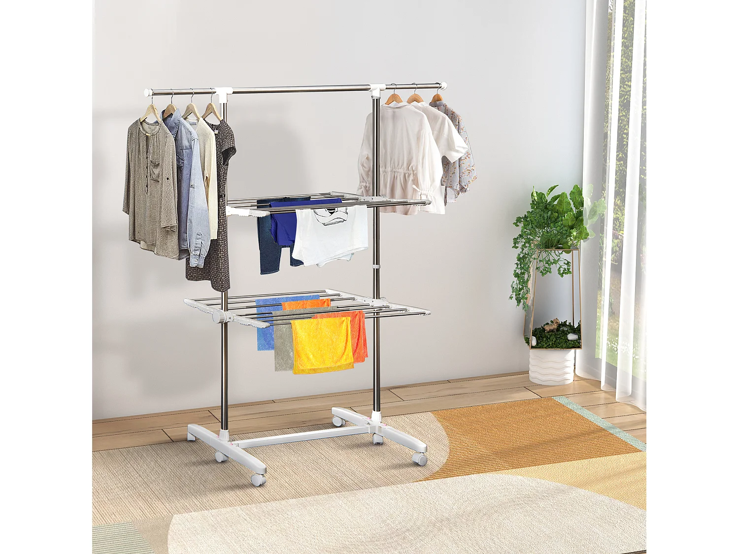 Séchoir à linge mobile, 2 niveaux, avec ailes rabattables, acier inoxydable, argenté (136.5x55x154 cm)