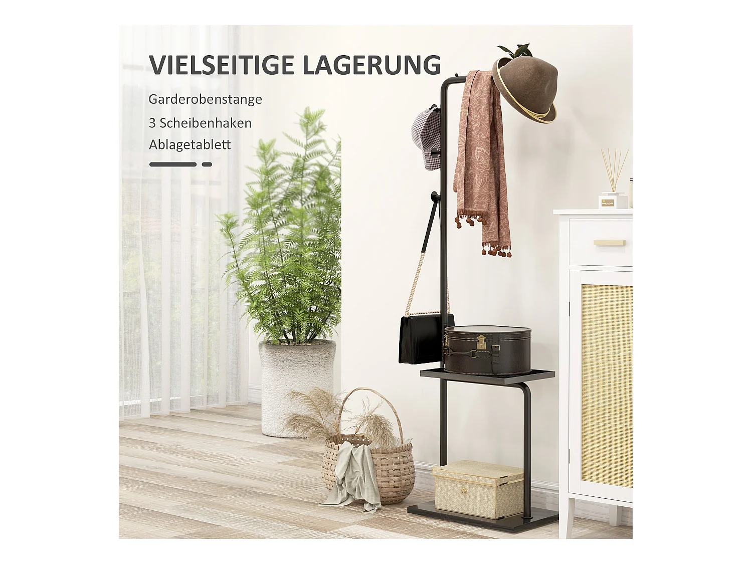 Perchero con estante, de metal, color negro, para entrada y oficina (45x28x148 cm)