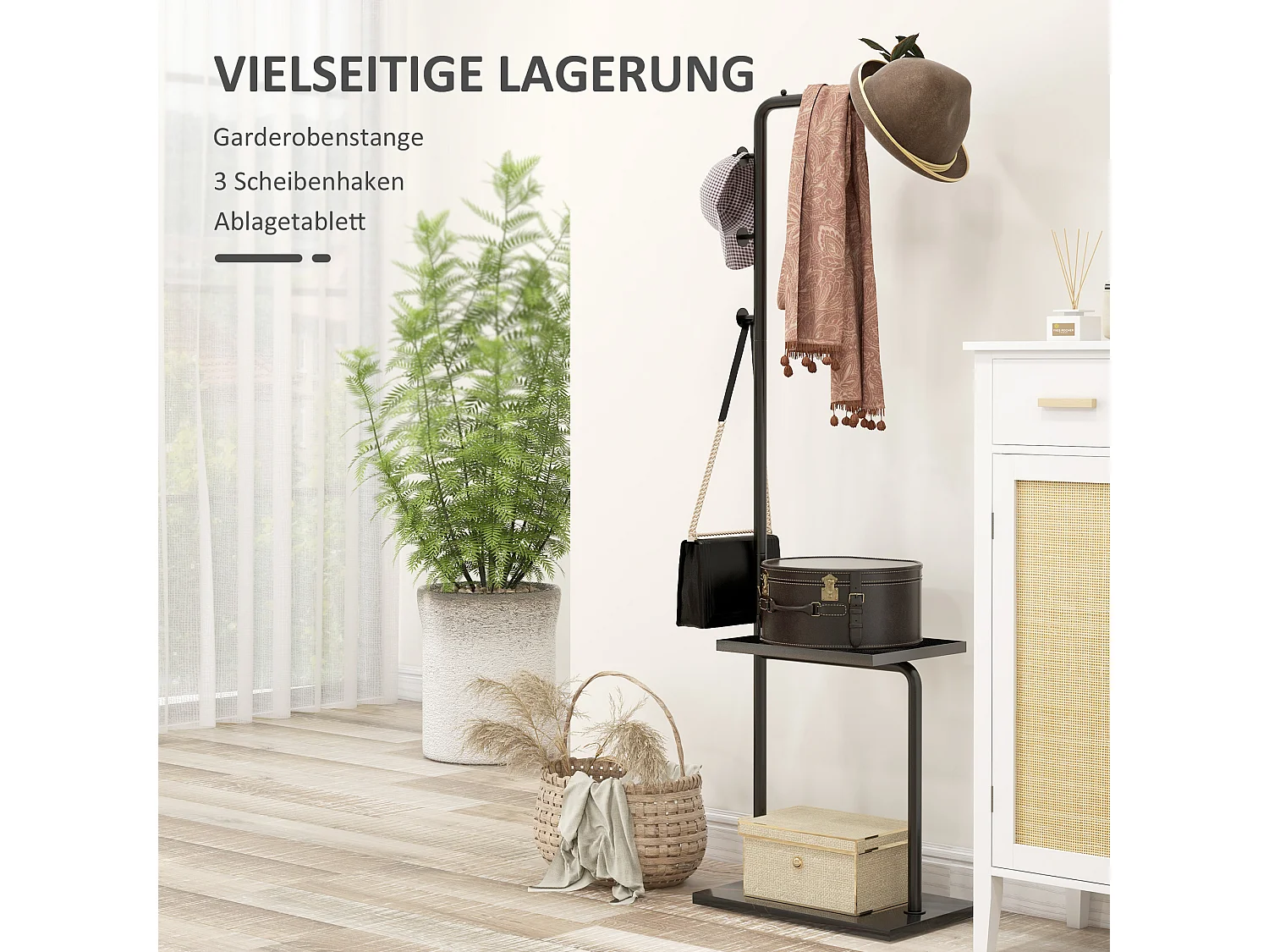 Perchero con estante, de metal, color negro, para entrada y oficina (45x28x148 cm)